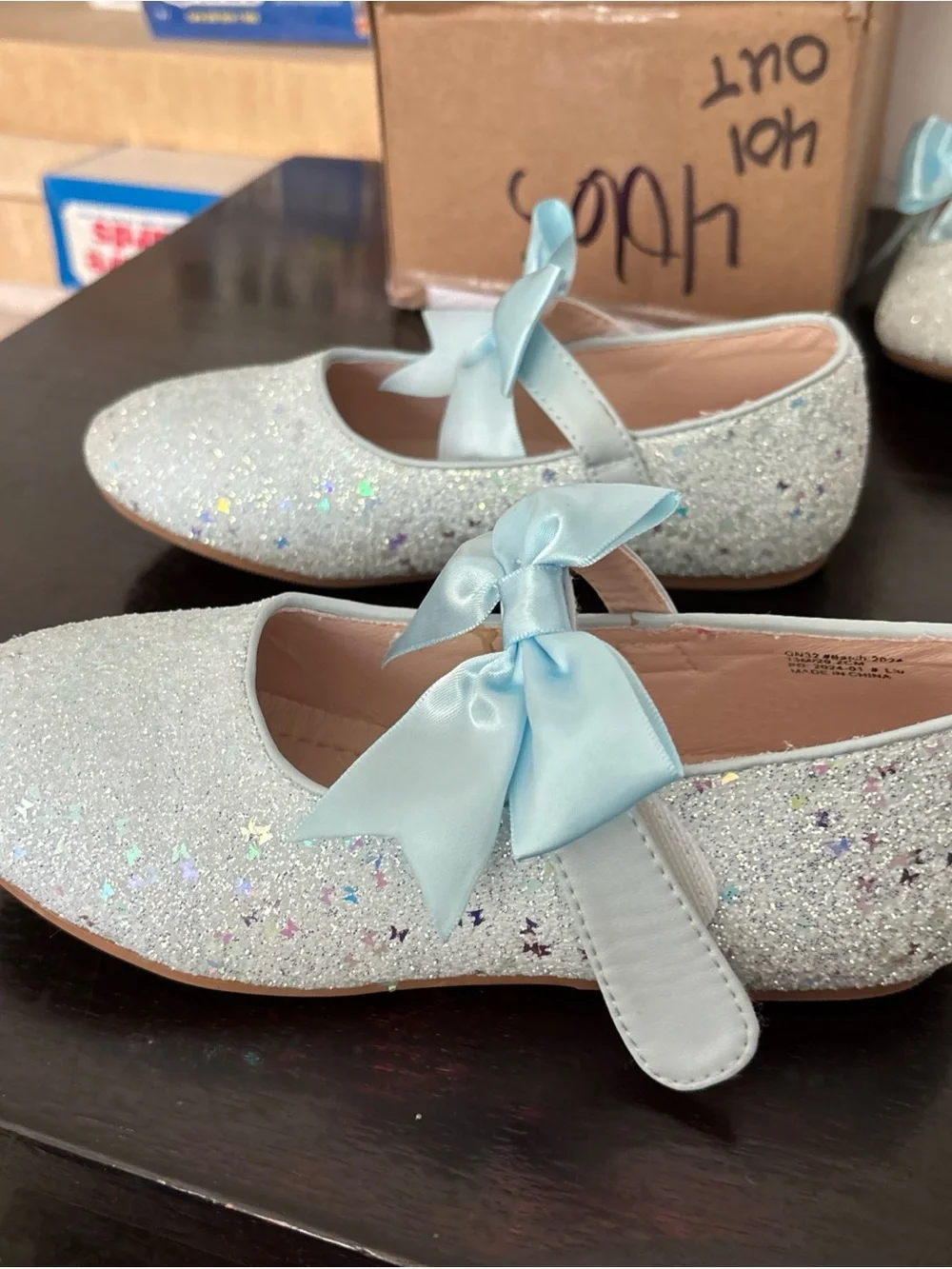 Girls' Light Blue Glitter Bow Dress Flats